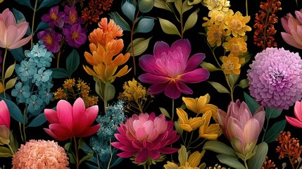 Trendy bright floral pattern with many kinds of flowers and botanical motifs scattered random, Seamless vector texture, For fashions, Silhouettes of a shadow of plants