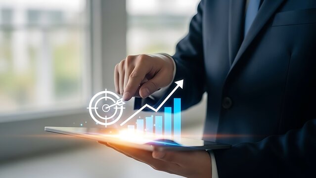 Business professional interacting with a digital graph and data analytics display - Powered by Adobe