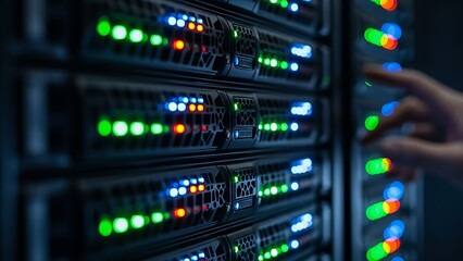 Rows of illuminated server hardware in a data center rack with blurred hand