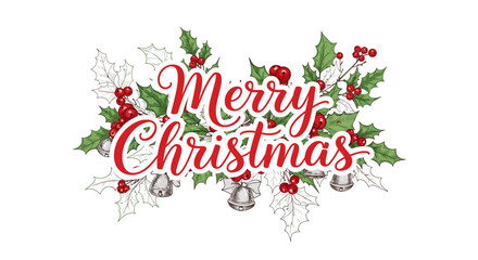 Merry Christmas Typography with Holly Leaves and Bells Festive Holiday Greeting Card Design