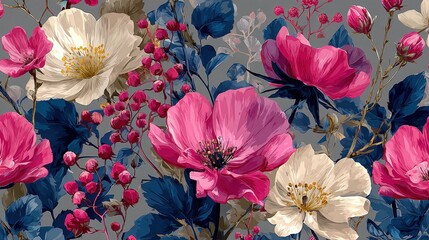 Trendy bright floral pattern with many kinds of flowers and botanical motifs scattered random, Seamless vector texture, For fashions, Silhouettes of a shadow of plants