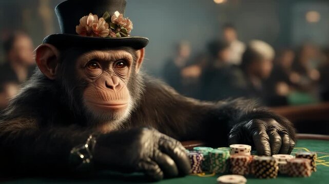 In this intriguing video, a chimpanzee wearing a top hat is at a casino playing a game. The chimp looks down at poker chips on the table. Other players are at the casino
