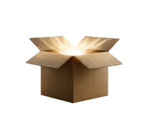 Open cardboard box with bright light shining from inside on transparent background