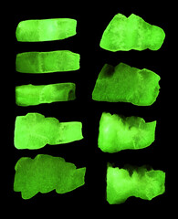 Bright painted green watercolor strips. Hand drawn elements isolated on black background