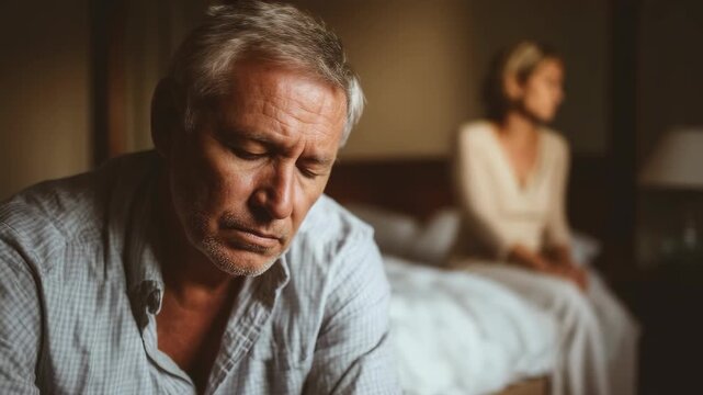Older man feeling deep sadness, reflecting male potency issues, erectile dysfunction, and intimate difficulties, sitting alone in a dark bedroom, suffering from relationship problems.