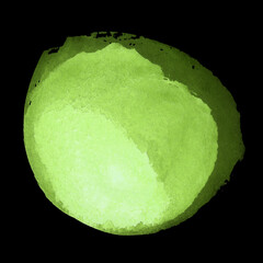 Round green watercolor frame, circle shape form isolated on black background. Handmade technique