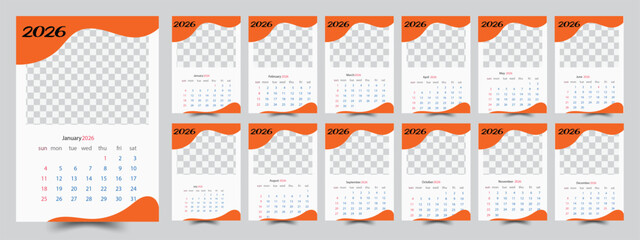 Modern 2026 wall calendar template set with orange abstract design
