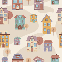 A seamless pattern of various colorful houses and minimalist trees, flat graphic style, on a beige abstract background. Concept of urban living. Vector illustration