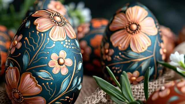 Decorative painted eggs with floral patterns in warm autumn colors, perfect for spring holiday celebrations and festive warm greetings.