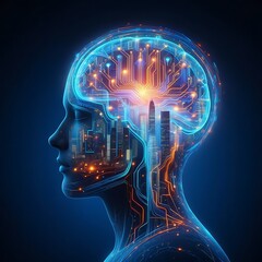 Futuristic human head with circuit board brain inside