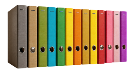 Row of colorful binders standing upright, office supplies