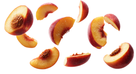 Flying peach slices isolated on transparent background fresh ripe juicy fruit pieces
