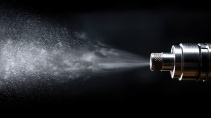 fuel injector close up spraying fine gasoline mist, perfectly atomized fuel cloud, dark neutral background, macro automotive photography, ultra sharp