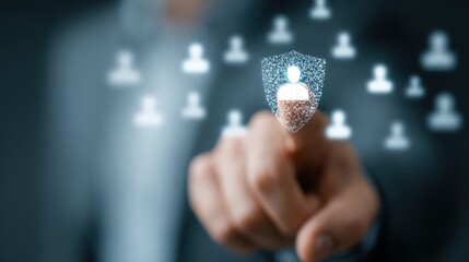 User interacts with digital workplace safety interface, data protection shield is featured to represent secure employee management