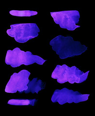 Bright painted purple watercolor strips. Hand drawn elements isolated on black background