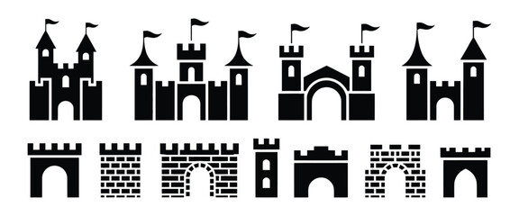 Obraz premium Medieval Castle Silhouette Icon Set with Towers, Gates, and Brick Wall Elements Vector Collection Isolated on White