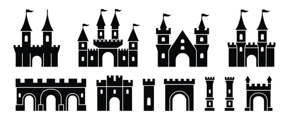 Obraz premium Medieval Castle Silhouette Icon Set with Towers, Gates, and Brick Wall Elements Vector Collection Isolated on White