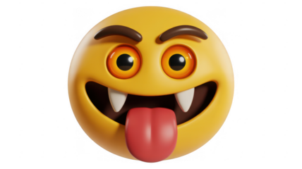 Yellow emoji face with fangs and tongue out isolated on a transparent background