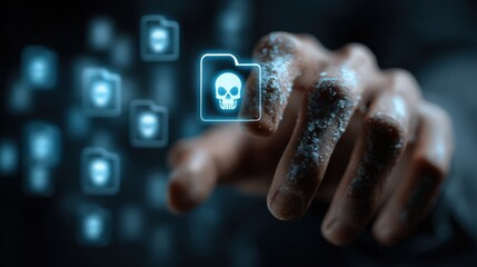 Hands interact with digital files and cyber alerts for protection from malware, viruses, spyware, and cyberattacks on computer networks and data systems