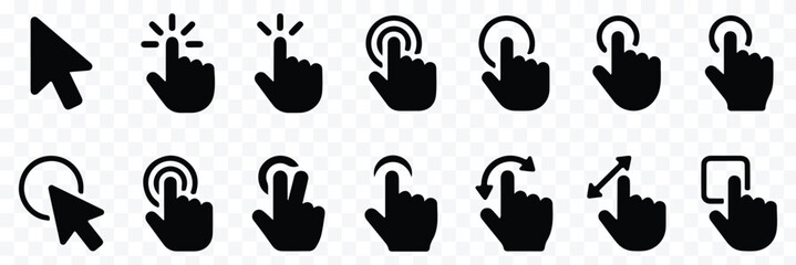 Hand pointer icon filled flat sign concept for web design. Click icon Concept. Click here button with hand pointer cursor icon. Cursor hand icon concept set. Computer mouse click cursor gray arrow ico