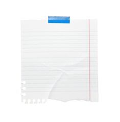 Blank notepad paper sheet taped with blue adhesive and featuring a torn bottom edge with crumpled texture, serving as a space for writing important reminders or school lists
