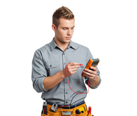 Electrician checking voltage with a multimeter and test probe while recording readings during electrical inspection and maintenance service for wiring, circuit safety and fault diagnostics