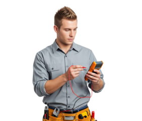 Electrician checking voltage with a multimeter and test probe while recording readings during electrical inspection and maintenance service for wiring, circuit safety and fault diagnostics