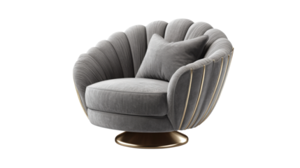 modern grey velvet armchair with golden accents and cushion on transparent background