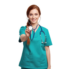 Stethoscope health check nurse holding the chestpiece forward for preventive screening and clinic visit booking, medical examination and diagnostic care on isolated background