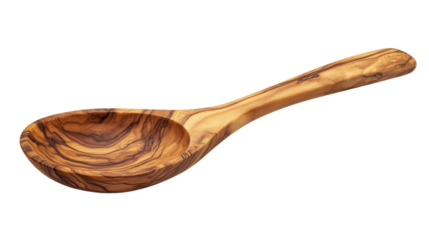 Handmade wooden spoon made from olive wood with beautiful grain pattern on transparent