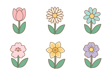 Set of vector images of spring flowers in flat minimalist style, simple geometric shapes,