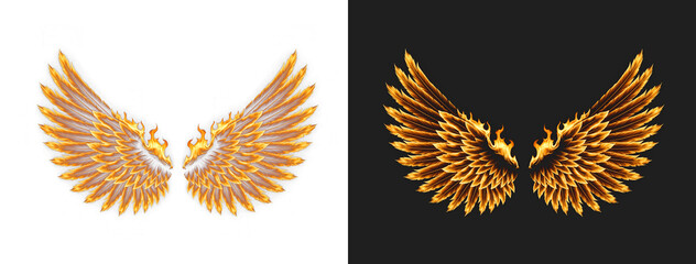 Inferno feather wings icon spread wide on a solid field for logo marks and tattoo projects, esport team crest and album cover art with open area for wording and headline placement plus caption line