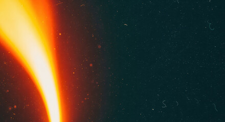 Film burn light leak overlay with dust and scratch artifacts on empty background for video transitions, photo compositing and cinematic title cards in advertising layouts with clear copy space