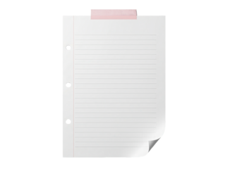 White lined notebook paper sheet with punched holes features a pink adhesive tape strip and a curled corner to display school memos or office to-do lists