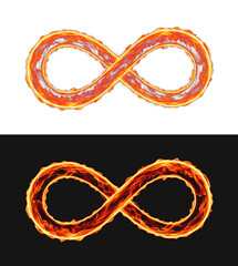 Burning fire infinity symbol features a looping figure-eight shape formed by intense hot flames on split light and dark backgrounds to represent endless energy, eternal cycles