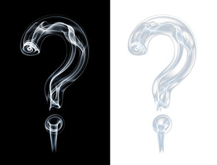 Swirling white smoke forms a question mark symbol on a contrasting split black and light gray background, representing concepts of mystery, uncertainty, and emerging ideas