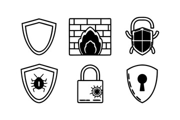Flat Vector Cybersecurity Icon Set with Shield, Lock, Firewall, and Data Protection &mdash; Modern Tech Style