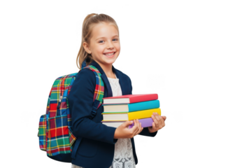 Smiling young girl with backpack holding stack of colorful books isolated on transparent background