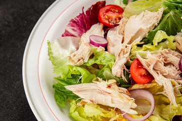 Salad chicken meat and vegetables tomato, green leaf lettuce, onion natural product tasty snack fresh delicious gourmet food background on the table rustic top view copy space keto and paleo diet