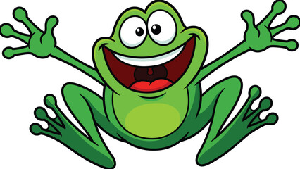Cartoon green frog jumping with happy face, wide eyes, red tongue, playful animal pose - flat vector illustration