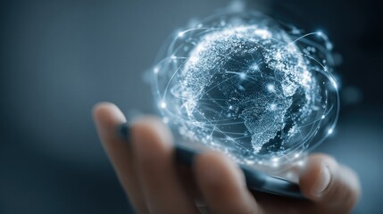 Global communication network displayed on a phone, wireless connection technology connecting the world, internet and data transfer represented by digital earth