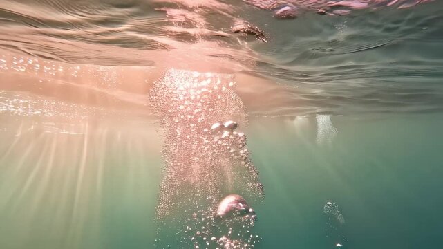 This mesmerizing video showcases underwater scenes filled with shimmering bubbles and soft sunlight filtering through water. The captivating visuals create a serene atmosphere, inviting viewers to exp