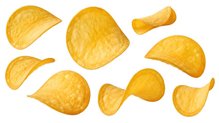 Golden crispy potato chips floating against a dark background, showcasing their delicious texture, isolated on a transparent background