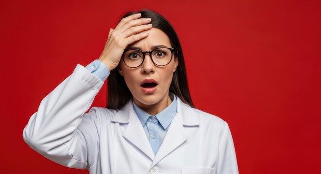 Surprised female doctor in glasses against red background with hand on forehead