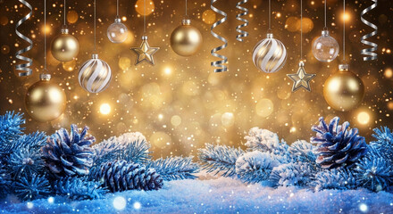Christmas background with gold and white ornaments, pine cones, and snowy evergreen branches on a golden bokeh.