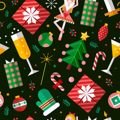 Obraz premium Colorful holiday-themed pattern showing Christmas items like tree, candy, ornaments, ballerina in flat graphic style on dark background. Vector illustration