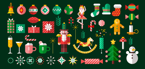 Festive set of colorful Christmas icons in flat style on dark background, showcasing ornaments, gifts, and holiday elements. Vector illustration
