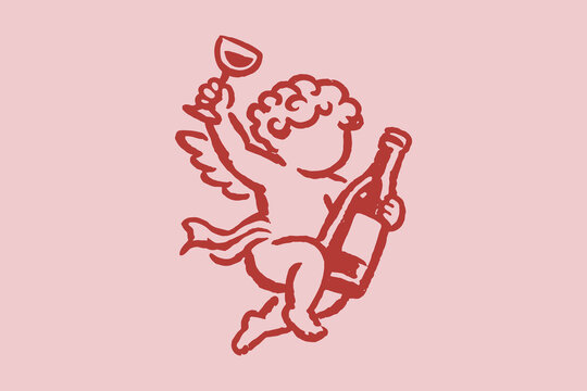 Cupid holding wine glass and bottle vintage line vector illustration