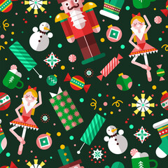 Nutcracker, ballerinas, snowmen, gifts, and Christmas treats in flat style on dark festive background. Concept of holiday celebration. Vector illustration