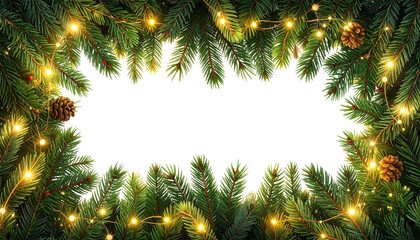 Ein nahtloser, dekorativer Weihnachtsrahmen aus Tannenzweigen und Girlanden mit Weihnachtslichtern auf transparentem Hintergrund (PNG)